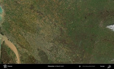 Charente. Copernicus Sentinel 'in Mart 2021' de çekilmiş uydu görüntüsü üzerine Fransa 'nın idari bölgesi.