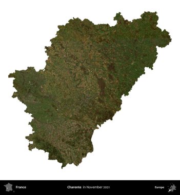 Charente. Fransa 'nın idari bölgesi, Kasım 2021' de çekilen Kopernik Nöbetçi Fayanslarından oluşan bir uydu görüntüsüyle beyaza izole edildi.