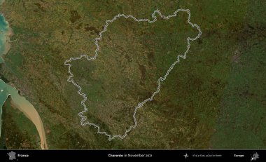 Charente. Copernicus Sentinel 'in Kasım 2021' de çekilen uydu görüntüsünde Fransa 'nın idari bölgesinin ana hatları belirlendi.