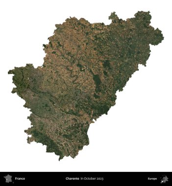 Charente. Fransa 'nın idari bölgesi, Ekim 2023' te çekilen Kopernik Nöbetçi karolarından oluşan bir uydu görüntüsüyle beyaza izole edildi.