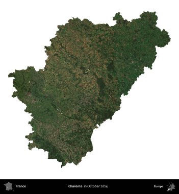 Charente. Fransa 'nın idari bölgesi, Ekim 2024' te çekilen Kopernik Nöbetçi karolarından oluşan uydu görüntüsüyle beyaza izole edildi.