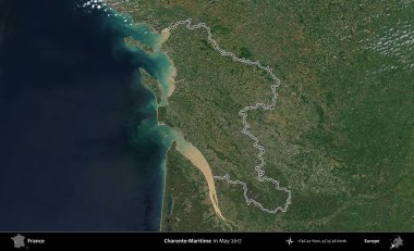 Charente-Maritime. Mayıs 2017 'de çekilen Copernicus Sentinel karolarından oluşan bir uydu görüntüsünde Fransa' nın idari bölgesinin ana hatları belirlendi.