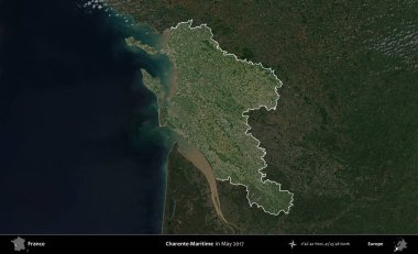 Charente-Maritime. Fransa 'nın idari alanı, Mayıs 2017' de çekilen Kopernik Nöbetçi karolarından oluşan koyu renkli bir uydu görüntüsü üzerinde vurgulandı ve özetlendi.
