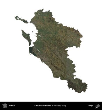 Charente-Maritime. Fransa 'nın idari bölgesi, Şubat 2023' te çekilen Kopernik Nöbetçi karolarından oluşan bir uydu görüntüsüyle beyaza izole edildi.