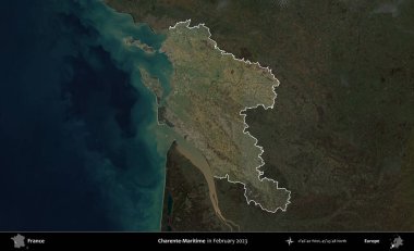 Charente-Maritime. Fransa 'nın idari alanı, Şubat 2023' te çekilen Kopernik Nöbetçi karolarından oluşan koyu renkli bir uydu görüntüsü üzerinde vurgulandı ve özetlendi.
