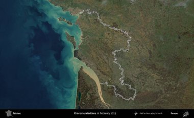 Charente-Maritime. Copernicus Sentinel 'in Şubat 2023' te çekilen uydu görüntüsünde Fransa 'nın idari bölgesinin ana hatları belirlendi.
