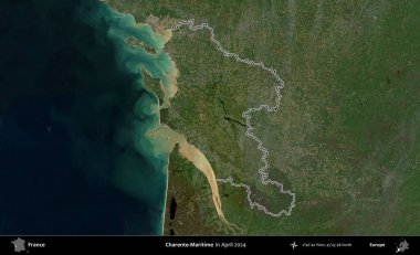 Charente-Maritime. Nisan 2024 'te çekilen Copernicus Sentinel karolarından oluşan bir uydu görüntüsünde Fransa' nın idari bölgesinin ana hatlarını çizdim.