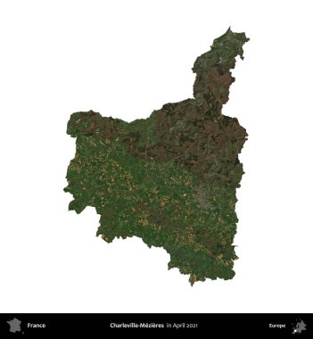 Charleville-Mezieres. Fransa 'nın idari bölgesi, Nisan 2021' de çekilen Kopernik Nöbetçi karolarından oluşan bir uydu görüntüsü ile beyaza izole edildi.