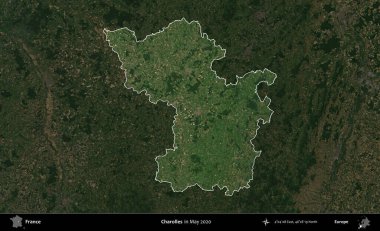 Charolles. Fransa 'nın idari alanı, Mayıs 2020' de çekilen Kopernik Nöbetçi karolarından oluşan koyu renkli bir uydu görüntüsü üzerinde vurgulandı ve özetlendi.