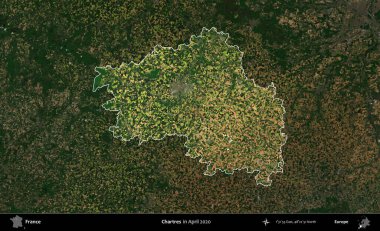 Chartres. Fransa 'nın idari alanı, Nisan 2020' de çekilen Kopernik Nöbetçi karolarından oluşan koyu renkli bir uydu görüntüsü üzerinde vurgulandı ve özetlendi.