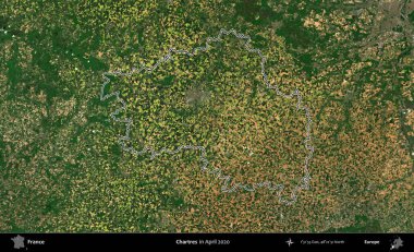 Chartres. Nisan 2020 'de çekilen Kopernik Nöbetçi karolarından oluşan bir uydu görüntüsünde Fransa' nın idari bölgesinin ana hatlarını çizdim.