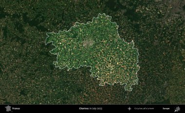 Chartres. Fransa 'nın idari alanı, Temmuz 2023' te çekilen Kopernik Nöbetçi karolarından oluşan koyu renkli bir uydu görüntüsüyle vurgulandı ve özetlendi.