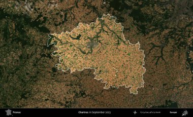 Chartres. Fransa 'nın idari alanı, Eylül 2023' te çekilen Kopernik Nöbetçi karolarından oluşan koyu renkli bir uydu görüntüsü üzerinde vurgulandı ve özetlendi.