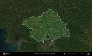 Chateaubriant-Ancenis. Fransa 'nın idari alanı, Nisan 2017' de çekilen Kopernik Nöbetçi karolarından oluşan koyu renkli bir uydu görüntüsü üzerinde vurgulandı ve özetlendi.