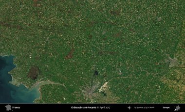 Chateaubriant-Ancenis. Nisan 2017 'de Copernicus Sentinel karolarından oluşan bir uydu görüntüsü üzerine Fransa' nın idari bölgesi