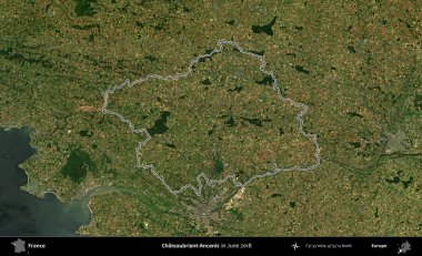 Chateaubriant-Ancenis. Haziran 2018 'de çekilen Copernicus Sentinel karolarından oluşan bir uydu görüntüsü üzerine Fransa' nın idari bölgesinin ana hatlarını belirledik.