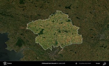 Chateaubriant-Ancenis. Fransa 'nın idari alanı, Haziran 2018' de çekilen Kopernik Sentinel karolarından oluşan koyu renkli bir uydu görüntüsü üzerinde vurgulandı ve özetlendi.