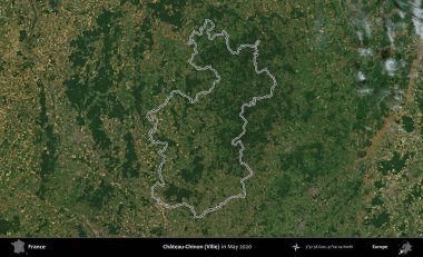 Chateau-Chinon (Ville). Mayıs 2020 'de çekilen Copernicus Sentinel karolarından oluşan bir uydu görüntüsünde Fransa' nın idari bölgesinin ana hatları belirlendi.