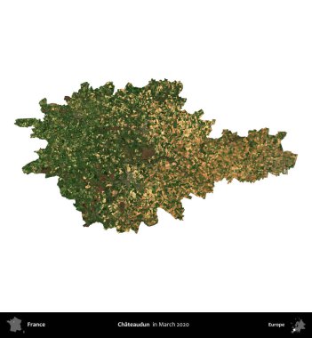 Chateaudun. Fransa 'nın idari bölgesi, Mart 2020' de çekilen Kopernik Nöbetçi karolarından oluşan bir uydu görüntüsüyle beyaza izole edildi.