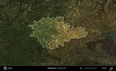 Chateaudun. Fransa 'nın idari alanı, Mart 2020' de çekilen Kopernik Nöbetçi karolarından oluşan koyu renkli bir uydu görüntüsü üzerinde vurgulandı ve özetlendi.