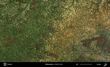 Chateaudun. Copernicus Sentinel 'in Mart 2020' de çekilmiş uydu görüntüsü üzerine Fransa 'nın idari bölgesi.