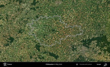 Chateaudun. Mayıs 2020 'de çekilen Copernicus Sentinel karolarından oluşan bir uydu görüntüsünde Fransa' nın idari bölgesinin ana hatları belirlendi.