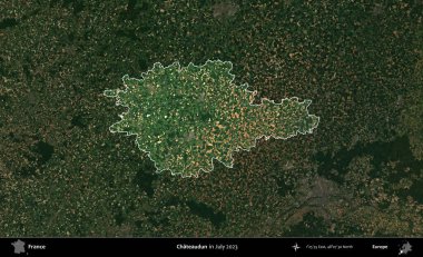 Chateaudun. Fransa 'nın idari alanı, Temmuz 2023' te çekilen Kopernik Nöbetçi karolarından oluşan koyu renkli bir uydu görüntüsüyle vurgulandı ve özetlendi.