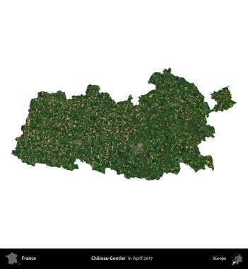 Şato-Gontier. Fransa 'nın idari bölgesi, Nisan 2017' de çekilen Kopernik Nöbetçi karolarından oluşan bir uydu görüntüsü ile beyaza izole edildi.