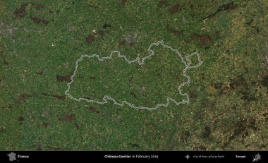 Şato-Gontier. Copernicus Sentinel 'in Şubat 2019' da çekilen uydu görüntüsünde Fransa 'nın idari bölgesinin ana hatları belirlendi.