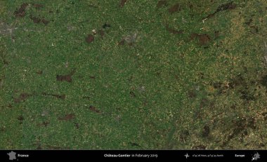 Şato-Gontier. Copernicus Sentinel 'in Şubat 2019' da çekilmiş uydu görüntüsü üzerine Fransa 'nın idari bölgesi