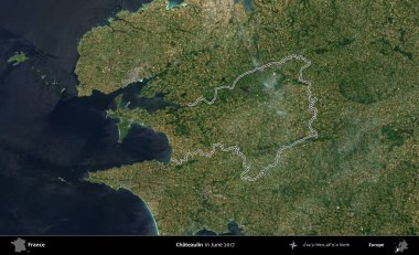 Chateaulin. Haziran 2017 'de çekilen Copernicus Sentinel karolarından oluşan bir uydu görüntüsü üzerine Fransa' nın idari bölgesinin ana hatlarını belirledik.