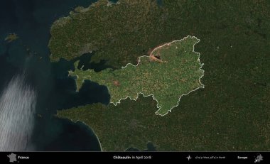 Chateaulin. Fransa 'nın idari alanı, Nisan 2018' de çekilen Kopernik Nöbetçi karolarından oluşan koyu renkli bir uydu görüntüsü üzerinde vurgulandı ve özetlendi.