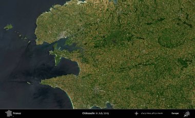 Chateaulin. Copernicus Sentinel 'in Temmuz 2019' da çekilmiş uydu görüntüsü üzerine Fransa 'nın idari bölgesi.