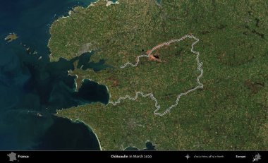 Chateaulin. Mart 2020 'de çekilen Copernicus Sentinel karolarından oluşan bir uydu görüntüsünde Fransa' nın idari bölgesinin ana hatları belirlendi.