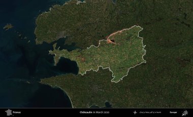 Chateaulin. Fransa 'nın idari alanı, Mart 2020' de çekilen Kopernik Nöbetçi karolarından oluşan koyu renkli bir uydu görüntüsü üzerinde vurgulandı ve özetlendi.