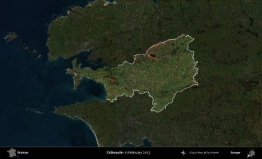 Chateaulin. Fransa 'nın idari alanı, Şubat 2023' te çekilen Kopernik Nöbetçi karolarından oluşan koyu renkli bir uydu görüntüsü üzerinde vurgulandı ve özetlendi.