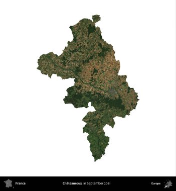 Chateauroux. Fransa 'nın idari bölgesi, Eylül 2021' de çekilen Kopernik Nöbetçi karolarından oluşan bir uydu görüntüsü üzerinde beyaza izole edildi.