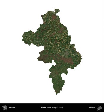 Chateauroux. Fransa 'nın idari bölgesi, Nisan 2023' te çekilen Kopernik Nöbetçi karolarından oluşan bir uydu görüntüsüyle beyaza izole edildi.