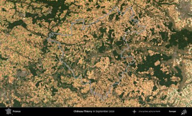 Şato-Thierry. Eylül 2020 'de çekilen Copernicus Sentinel karolarından oluşan bir uydu görüntüsünde Fransa' nın idari bölgesinin ana hatlarını çizdim.