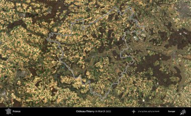 Şato-Thierry. Mart 2022 'de çekilen Copernicus Sentinel karolarından oluşan bir uydu görüntüsünde Fransa' nın idari bölgesinin ana hatları belirlendi.