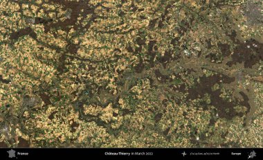 Şato-Thierry. Copernicus Sentinel 'in Mart 2022' de çekilmiş uydu görüntüsü üzerine Fransa 'nın idari bölgesi.
