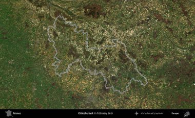 Chatellerault. Copernicus Sentinel 'in Şubat 2021' de çekilen uydu görüntüsünde Fransa 'nın idari bölgesinin ana hatları belirlendi.