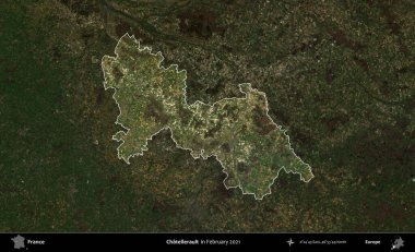 Chatellerault. Fransa 'nın idari alanı, Şubat 2021' de çekilen Kopernik Sentinel karolarından oluşan koyu renkli bir uydu görüntüsü üzerinde vurgulandı ve özetlendi.