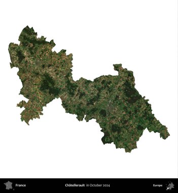 Chatellerault. Fransa 'nın idari bölgesi, Ekim 2024' te çekilen Kopernik Nöbetçi karolarından oluşan uydu görüntüsüyle beyaza izole edildi.