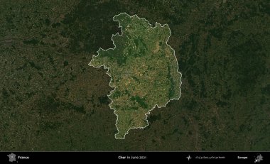 - Cher. Fransa 'nın idari alanı, Haziran 2021' de çekilen Kopernik Sentinel karolarından oluşan koyu renkli bir uydu görüntüsü üzerinde vurgulandı ve özetlendi.