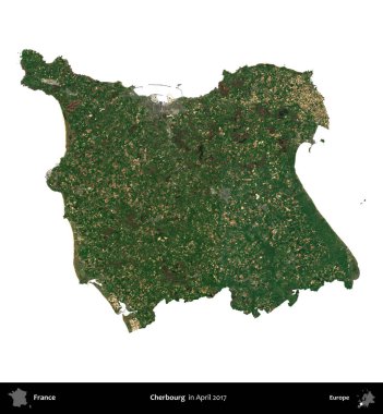 Cherbourg 'da. Fransa 'nın idari bölgesi, Nisan 2017' de çekilen Kopernik Nöbetçi karolarından oluşan bir uydu görüntüsü ile beyaza izole edildi.