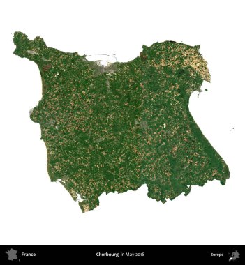 Cherbourg 'da. Fransa 'nın idari bölgesi, Mayıs 2018' de çekilen Kopernik Nöbetçi karolarından oluşan bir uydu görüntüsüyle beyaza izole edildi.