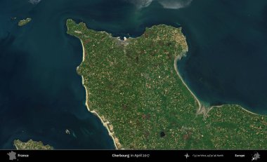 Cherbourg 'da. Nisan 2017 'de Copernicus Sentinel karolarından oluşan bir uydu görüntüsü üzerine Fransa' nın idari bölgesi