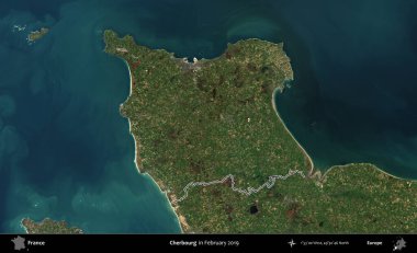 Cherbourg 'da. Copernicus Sentinel 'in Şubat 2019' da çekilen uydu görüntüsünde Fransa 'nın idari bölgesinin ana hatları belirlendi.