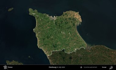 Cherbourg 'da. Fransa 'nın idari alanı, Temmuz 2020' de çekilen Kopernik Nöbetçi karolarından oluşan koyu renkli bir uydu görüntüsüyle vurgulandı ve özetlendi.